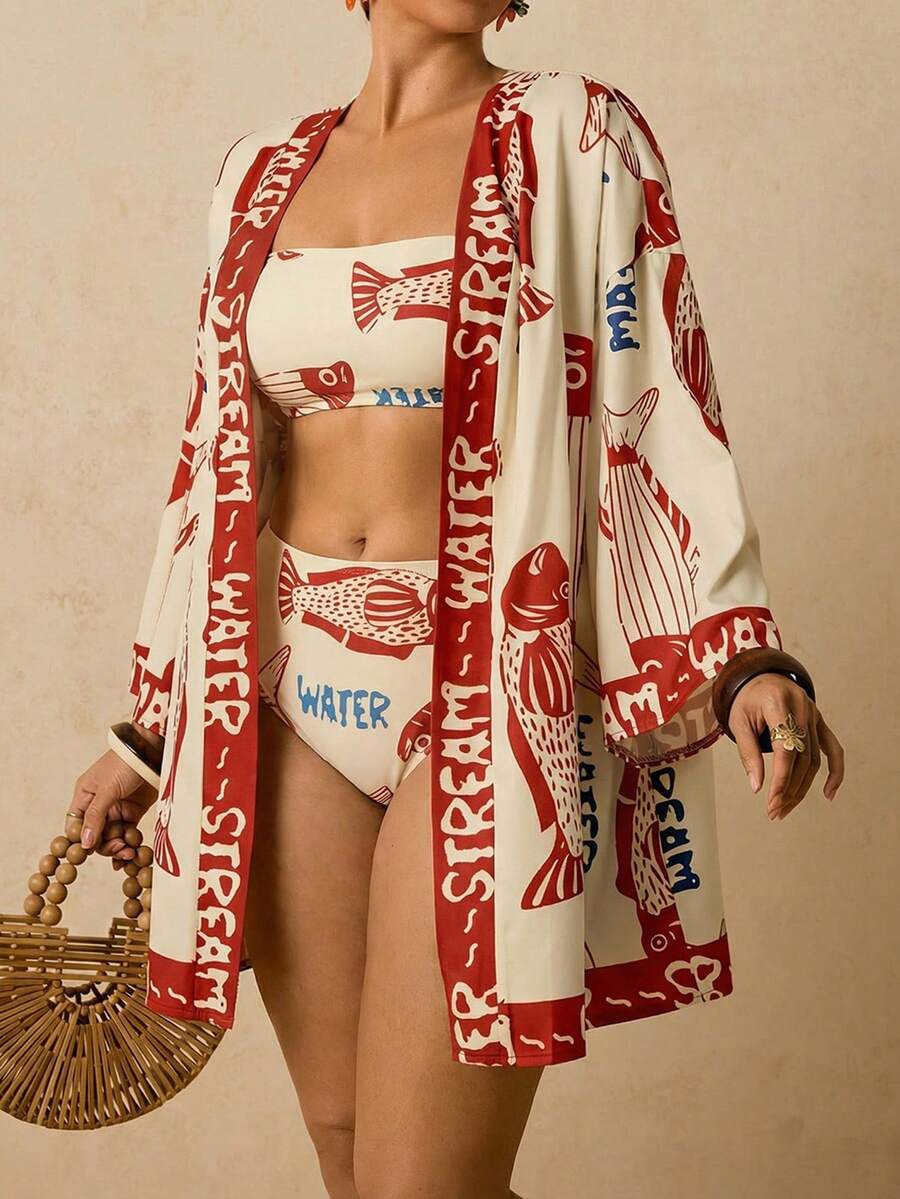 Travachic Plus Size Women's Apricot Ocean Fish Print Chiffon Kimono , Loose Mid-Length Sleeve Romantic Early Spring Beach Thermal Spring Pattern Women's Beach Kimono Summer 2026 Beach - Apricot - View 1