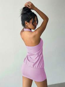 Aloruh Women's Y2K Avant-Garde Sexy Bodycon Halter Metal Button Decor Mini Super Short Clubwear Dress, Black - Lilac Purple - View 2