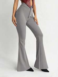 Aloruh Women's Autumn/Winter New High Waist Flare Leg Maxi Pants, Wine Red - Grey - View 5