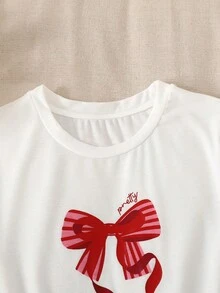 SHEIN Bộ đồ ngủ 2 món cho bé gái, gồm áo thun ngắn tay cổ tròn thắt nơ và quần short kẻ sọc, chất liệu mềm mại, thoải mái, màu đỏ. - Đỏ - Xem 5
