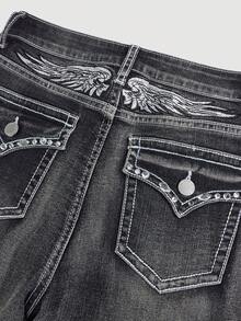 SHEIN Girlism Quần jean ống loe co giãn dành cho nữ tuổi teen, phong cách Y2K Punk Retro Vintage, thêu cánh và đính đá. - màu đen - Xem 4