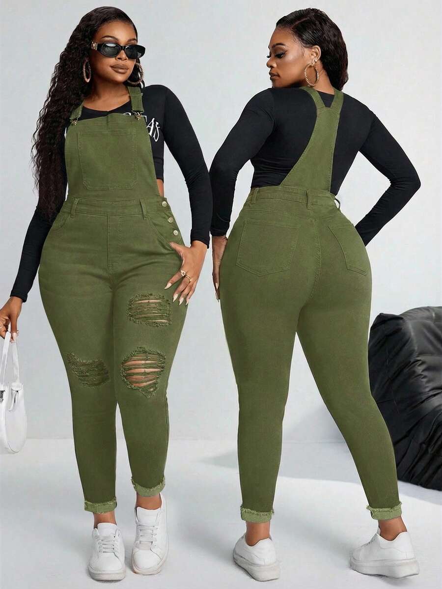 SHEIN SXY 大码做旧纯色休闲百搭修身牛仔连体裤 - 軍綠色 - 查看 1