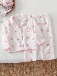 Baby Girls Pajamas-2 Pieces Pajama Set Pink Bear Print Long Sleeve Button Front Collar Top Elastic Waist Long Pants Soft Cozy Lightweight All Season Holiday 2026 Essential Nightwear Bedtime Gift For Infants Toddlers - Multicolor - View 1