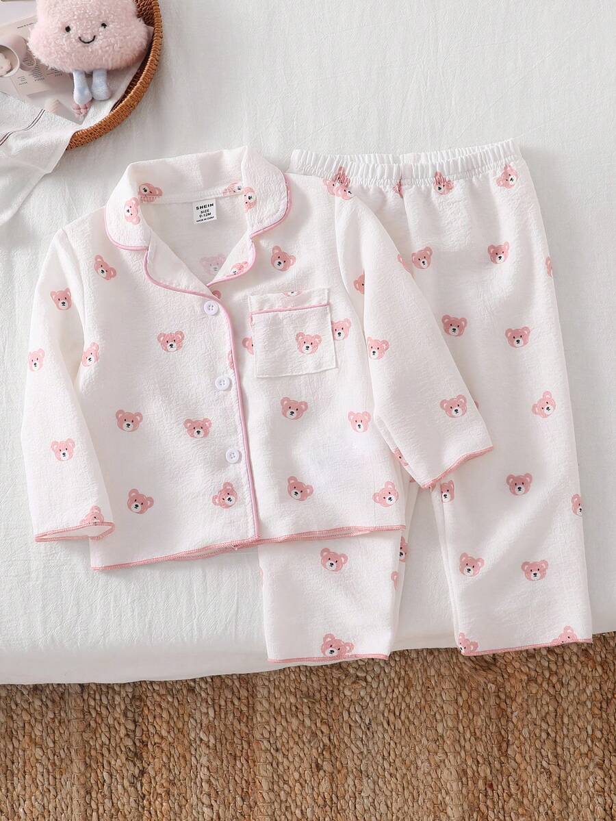 Baby Girls Pajamas-2 Pieces Pajama Set Pink Bear Print Long Sleeve Button Front Collar Top Elastic Waist Long Pants Soft Cozy Lightweight All Season Holiday 2026 Essential Nightwear Bedtime Gift For Infants Toddlers - Multicolor - View 1