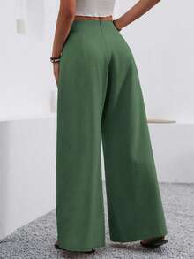 SHEIN PETITE 女士夏季休闲褶裥直筒裤，带口袋，杏色/驼色，适合外出、约会、度假穿着 - 墨綠色 - 查看 2