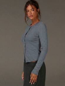 Athîral 女士条纹圆领单排扣休闲日常长袖T恤 - 深灰色 - 查看 5