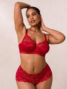 SHEIN BAE 大码蕾丝拼布钢圈文胸，提升型 - 紅色 - 查看 6