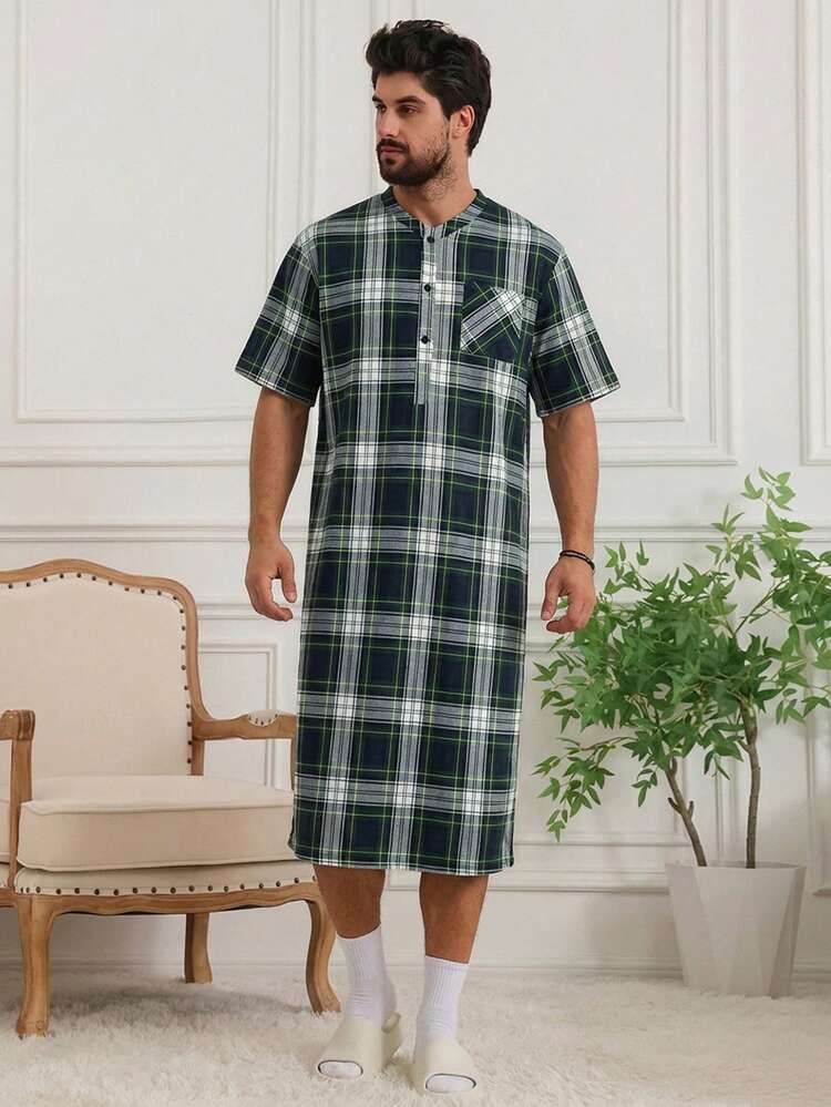 Men's Long Plaid Robe, Multi-Color, Spring/Summer