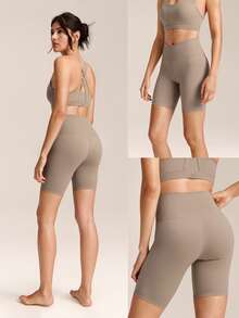 GLOWMODE 8" FeatherFit™ Crossover Biker Shorts Cycling Running Gym Workout - Khaki - View 7