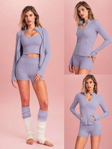 GLOWMODE FeatherFit™ Slim-It Streamline Performance Secure Pockets Zip Up Long Sleeve Jacket Low Impact Yoga Daily Fall - Dusty Purple - View 7