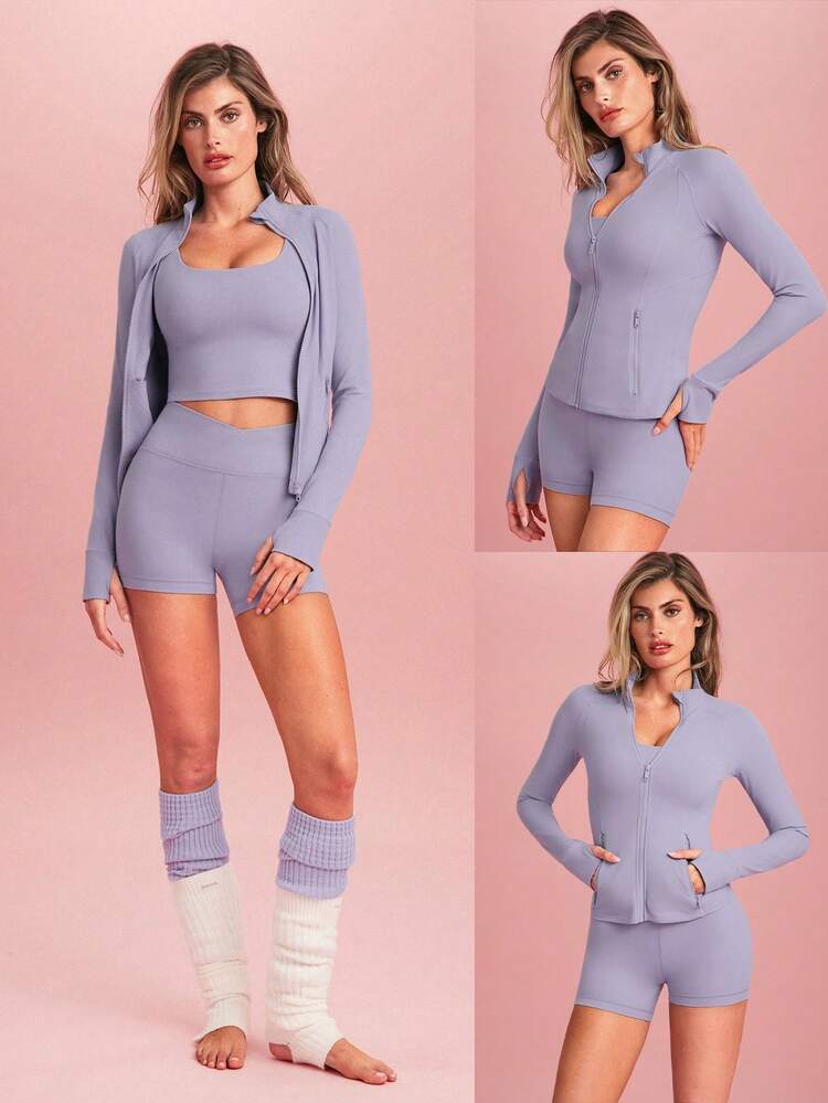 Chaqueta con cremallera de manga larga FeatherFit™ Slim-It Streamline Performance con bolsillos seguros, para yoga de bajo impacto y uso diario en otoño