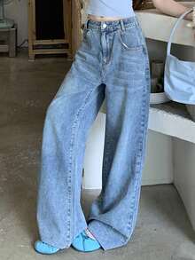 FRIFUL 女士宽松版型带口袋阔腿休闲牛仔裤 - 藍色 - 查看 5