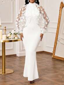 SHEIN Lady 大码女士优雅派对连衣裙，立领、灯笼袖、薄纱、3D贴花和鱼尾裙摆设计，适合春、夏、秋季穿着。 - 白色 - 查看 3