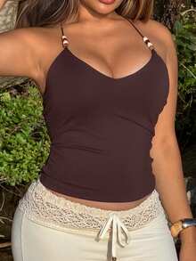 Maria Perezxox Brown Beaded Spaghetti Strap Tank Top For Ladies, Summer Tight Sexy Retro Cami Vest, Beach Holiday Sleeveless Top - Coffee Brown - View 6