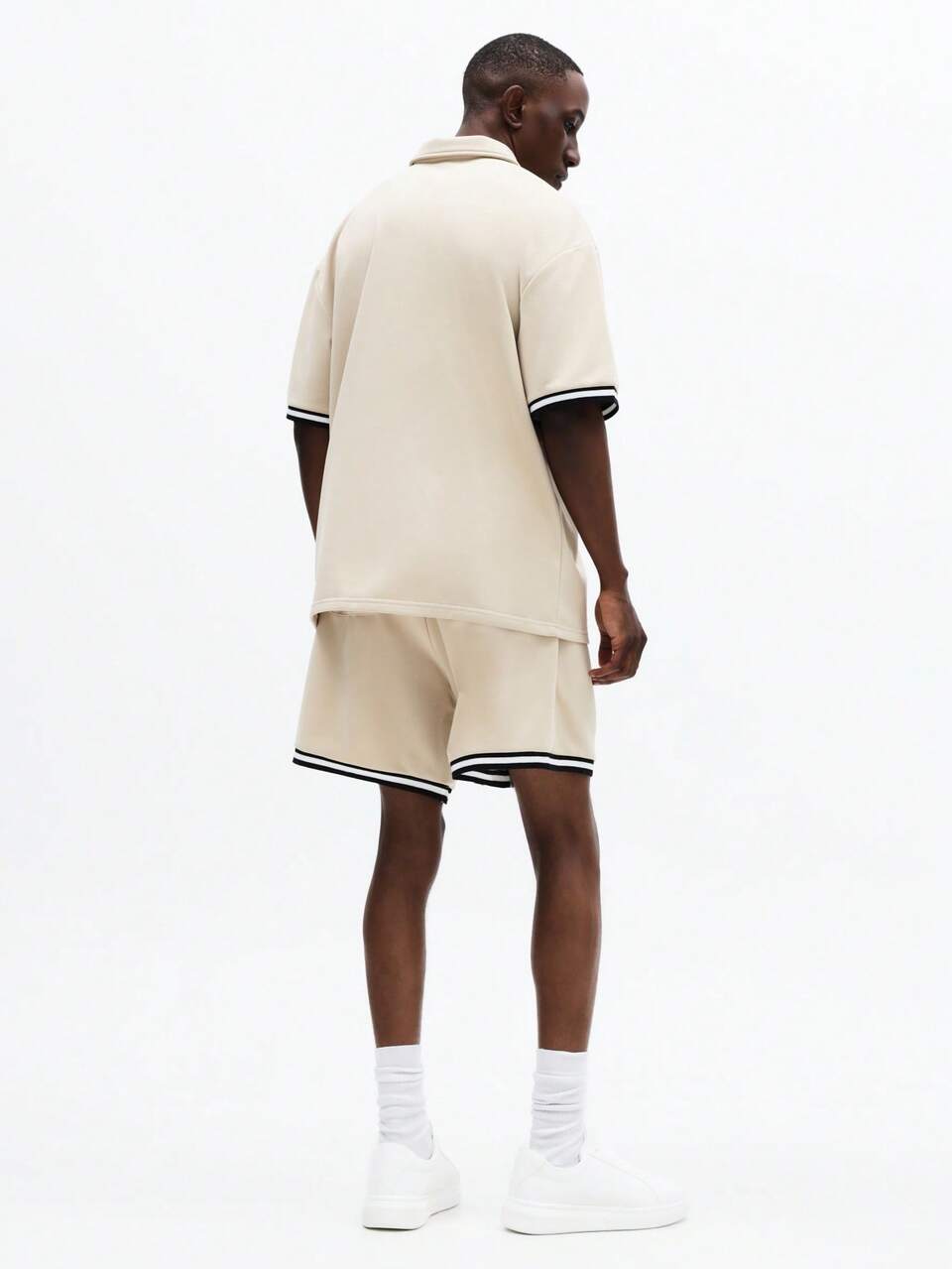SUMWON Relaxed Fit Polo Co-Ord Set With Striped Trim Detail Short Sleeve Top And Drawstring Shorts Summer Matching Set