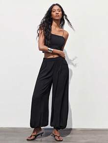 Maija Quần dài nữ màu trơn dáng rộng, có dây rút - màu đen - Xem 6