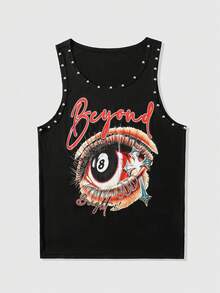 Men's Casual Letter & Eye Print Rivet Detail Tank Top, Summer - Black - View 1