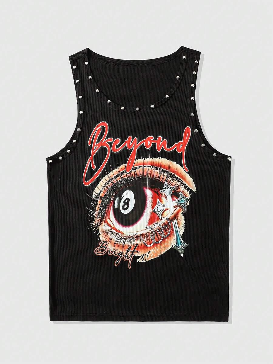 Men's Casual Letter & Eye Print Rivet Detail Tank Top, Summer - Black - View 1