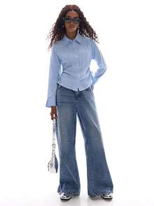 Ciel Poise Women's Blue And White Stripe Blouses,Autumn Chic City Break Slim Fit Waist Ruched Vertical Stripes Pointed Collar Curved Hem Urban Commute Blouse - Baby Blue - View 3