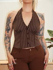 Arliah Women Cotton Striped Stand Collar Single-Breasted Vest Thin Blazer In Fall/Winter - Brown - View 5