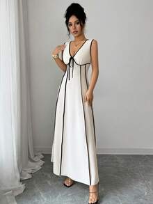 Elenzga Chaleco elegante de mujer para ir al trabajo, con cuello en V, lazo y recorte negro ajustado, adecuado para bodas, festivales, salidas diarias, casual, vestido de primavera/verano - Multicolor - Ver 4