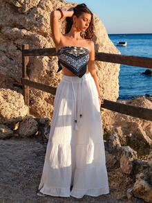 EURMUSE Pantalones anchos de pierna ancha casuales y sueltos de color blanco con capas, para primavera/verano - Blanco - Ver 3