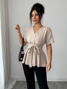 SHEIN Elenzya Elegant Linen Tie Bow Blouse, Suitable For Vacation And Commute - Khaki - View 7