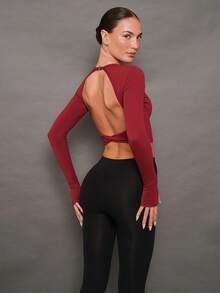 Activina Women's Minimalist Solid Color Backless Long Sleeve Cropped Sports T-Shirt, Autumn - Burgundy - View 6