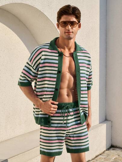 Manfinity CityGents Men's Vacation Casual Drop Shoulder Knit Shirt & Shorts Set Men's Pool Outfit Men Beach Wear Sets Knit Two Pieces Set Men Men's Resort Wear Crochet Two Pieces Set Men