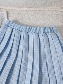 SHEIN Conjunto elegante de verano con top de cárdigan sin mangas con lazo y falda plisada para niñas - Azul - Ver 3