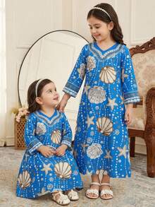 SHEIN 女婴V领贝壳和海星印花休闲派对长袖连衣裙 - 藍色 - 查看 4