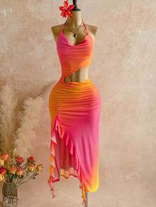 Soleia 春夏新款休闲度假西式海滩婚礼宾客礼服毕业早午餐连衣裙，适合圣帕特里克节、春假、复活节、音乐节等场合 - 优雅波西米亚热带风情垂褶领带系带彩色荷叶边开衩性感连衣裙 - 彩色 - 查看 3