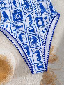 Bonvoyette 夏季度假性感时尚全印花假日海洋设计深V领蕾丝边挂脖连体泳衣 - 彩色 - 查看 6