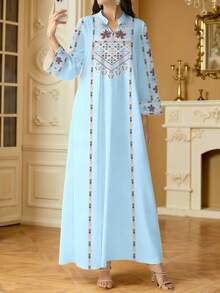 SHEIN Najma Women's Floral Digital Print Blue Elegant Long Sleeve Robe With Stand Collar, Spring/Autumn - Multicolor - View 4