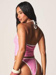 MISSGUIDED Striped Tankini Set With Halter Top And Cheeky Bottom Two Piece Swimwear For Beach Vacation Summer Pool Party - Pink - View 2