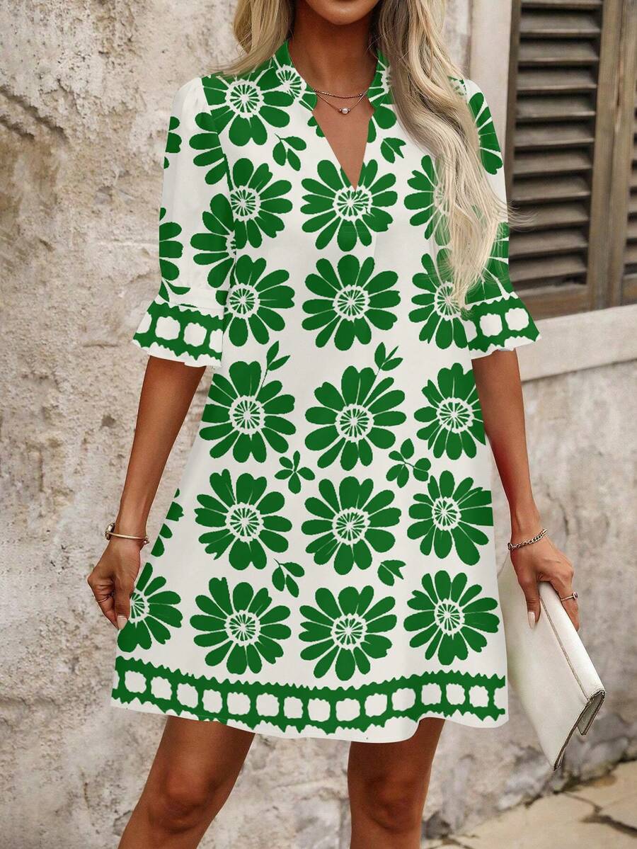 SHEIN Clasi Women's Summer Vacation All-Over Print Short Sleeve Mini Dress - Green - View 1