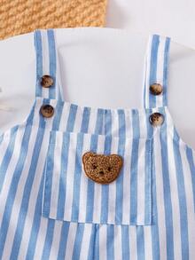 Genkimix Kids New Cute Bear Head Casual Blue & White Striped Pocket Young BoyBib & Brace Overalls - Blue and White - View 4