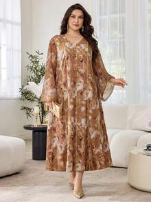 Al Najma Plus Size Women Marble Texture Patchwork Gold Stripe Dress, Spring - Multicolor - View 7