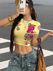 SHEIN EZwear 休闲圆领修身短袖T恤，印有字母R图案 - 彩色 - 查看 7