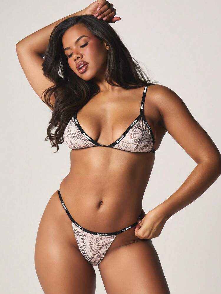 Missguided x Playboy 브랜드 테이프 트림 브라렛과 힙스터 팬티가 있는 뱀 프린트 란제리 세트 친밀한 속옷 컬렉션