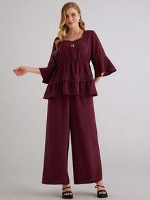 Parysyn Plus Size Women's Elegant Burgundy Lounge Set With Ruffled Tunic Top And Flowy Wide Leg Pants Comfortable Two Piece Outfit Ladies Casual Sets Blouse And Pants Set Wide Leg Pants Set Pants Suits For Woman Top And Pants Set For Women Tunic Tops For Women For Women Tunics For Women Lace Trim Top Lounge Sets For Women Pant Suits For Woman Pant Suit Set - Red Violet - View 6
