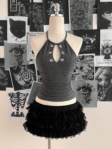 Attitoon Women's Y2K Style Metal Accent Halter Neck Tight Top, Summer - Dark Grey - View 10