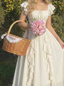 SHEIN MOD 杏色荷叶边灯笼袖女士长款连衣裙，秋季女装 - 杏色 - 查看 4