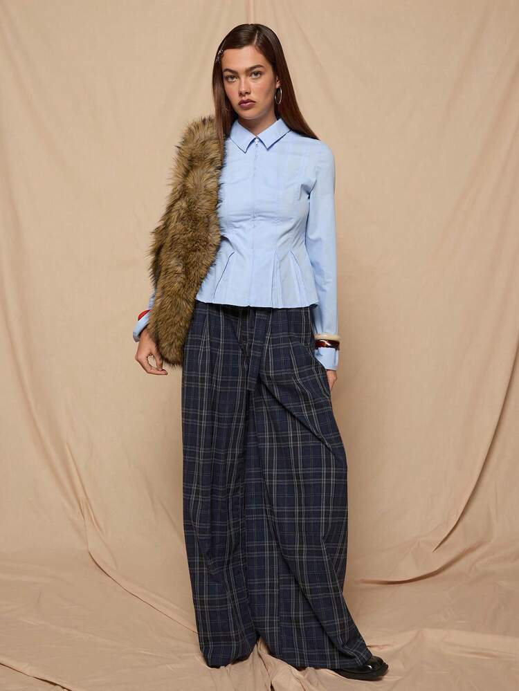 COUREZ 長袖ジップアップフィッテッドシャツ プリーツヘム付き、Y2Kスプリングレディースウェア、可愛い青色シャツ、お出かけシャツ、夏のコーディネート - ブルー - 見る 1