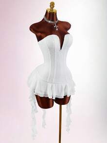 Amplova 女士蕾丝紧身连衣裙，荷叶边下摆，A字型，花卉拼接，适合生日派对、情人节、Y2K风格 - 白色 - 查看 8