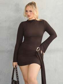 Arliah Waist-Cinched Minimalist Flare Sleeve Bodycon Cinched Waist Dress - Coffee - View 4