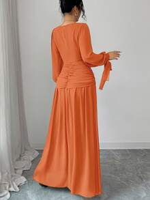 Elenzga Đầm chiffon thanh lịch dành cho nữ, cổ bèo nhún, tay phồng, thiết kế thắt eo, thích hợp cho các dịp trang trọng như tiệc cocktail, đám cưới, lễ tốt nghiệp, Halloween, Giáng sinh, Quốc khánh, Năm mới, màu nâu. - trái cam - Xem 2