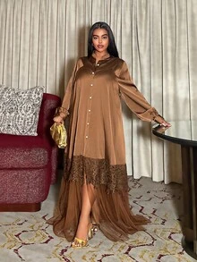 Maweii Cardigan décontracté avec boutons pour femmes grandes tailles, pour vacances et usage quotidien, avec ourlet à volants et empiècement en maille, ample et confortable, robe trapèze - Tabac - Voir 5