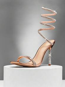 SHUZIA Sandalias de tacón de aguja con envolvente de diamante de imitación para mujer - Oro rosa - Ver 5