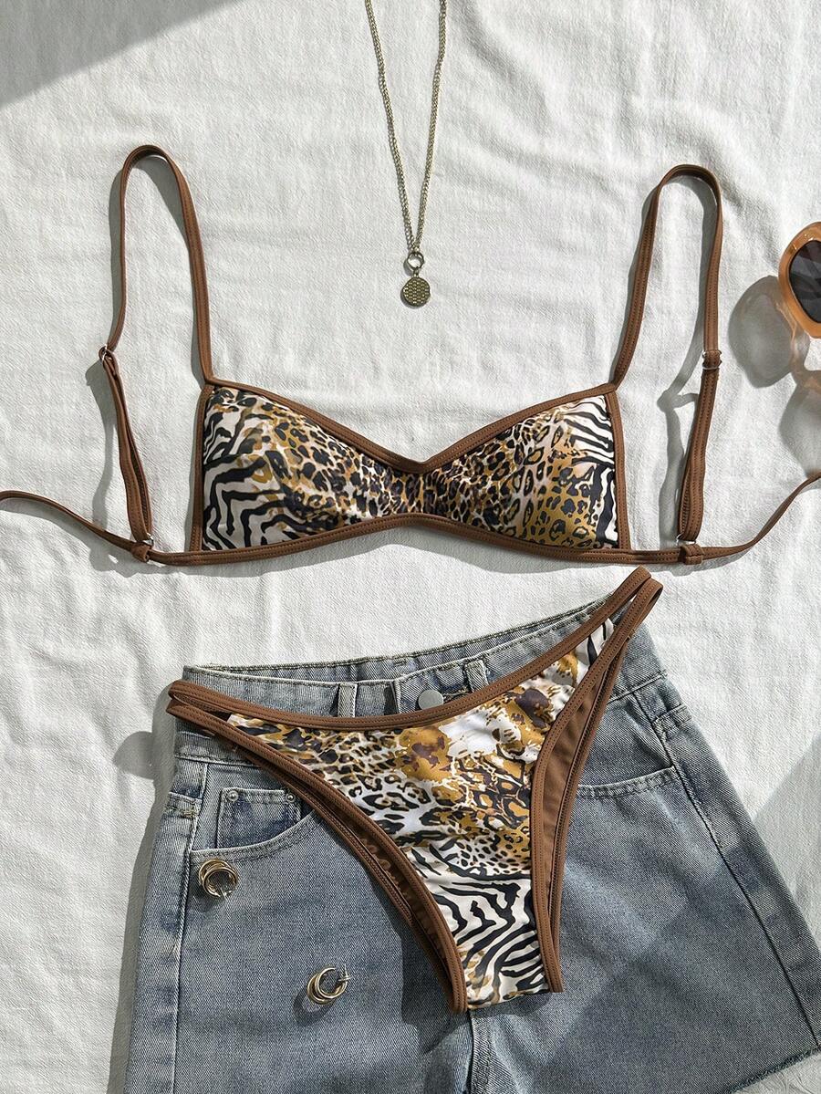 Swim Vcay Random Print Wireless Adjustable Strap Top And Swim Shorts Women Summer Beach Holiday Bikini Set - Multicolor - View 1